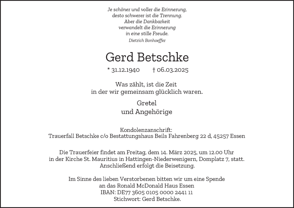  Traueranzeige für Gerd Betschke vom 12.03.2025 aus Tageszeitung