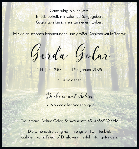 Traueranzeige von Gerda Golar von Tageszeitung
