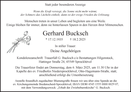 Traueranzeige von Gerhard Bucksch von Tageszeitung