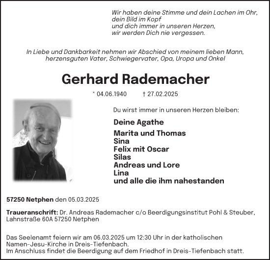 Traueranzeige von Gerhard Rademacher von Tageszeitung