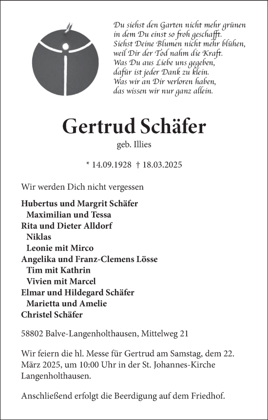 Traueranzeige von Gertrud Schäfer von Tageszeitung