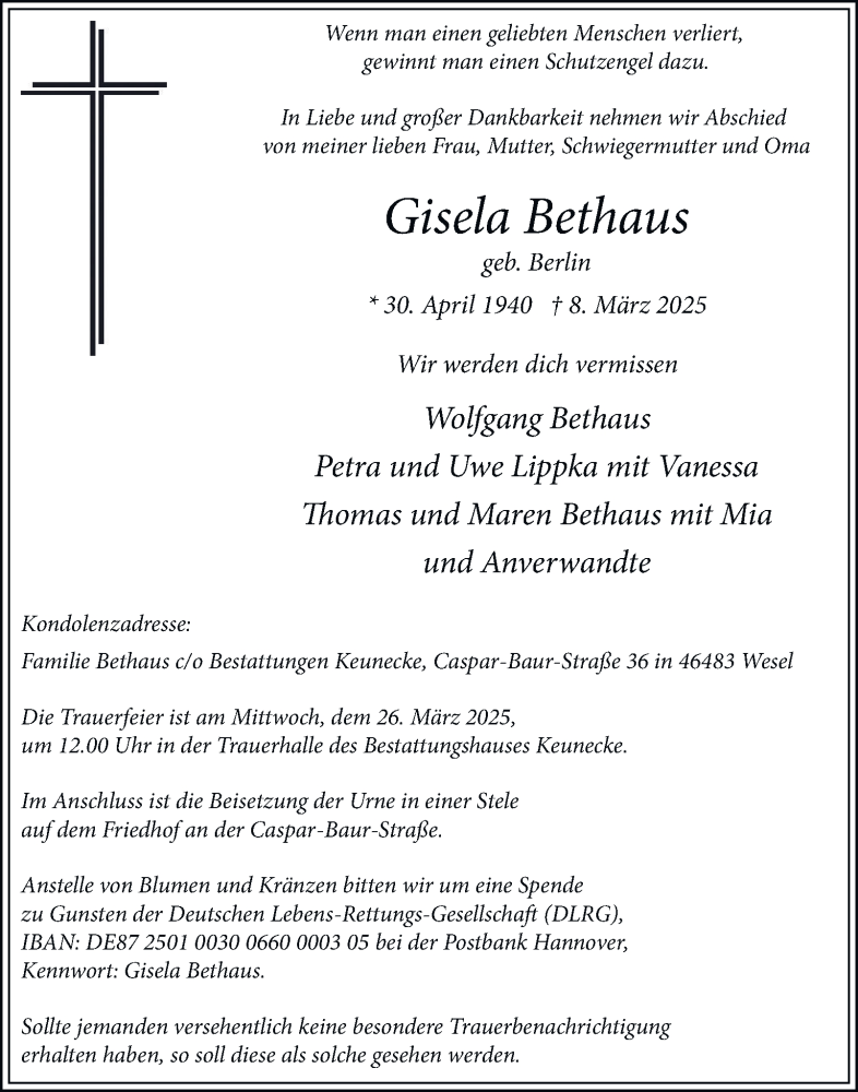  Traueranzeige für Gisela Bethaus vom 22.03.2025 aus Tageszeitung