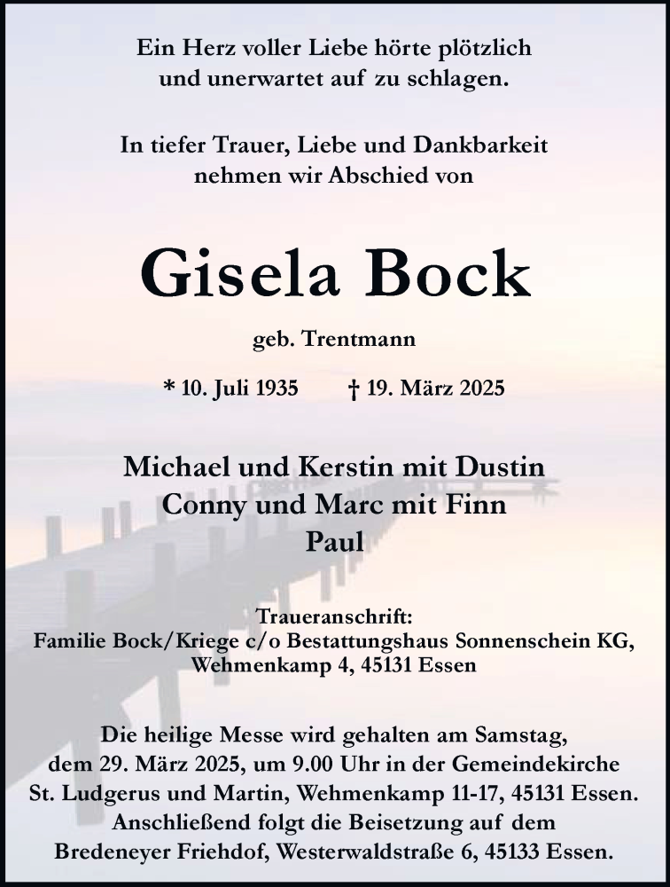  Traueranzeige für Gisela Bock vom 22.03.2025 aus Tageszeitung