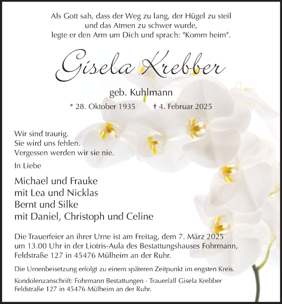 Traueranzeige von Gisela Krebber von Tageszeitung