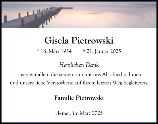 Traueranzeige von Gisela Pietrowski von Tageszeitung