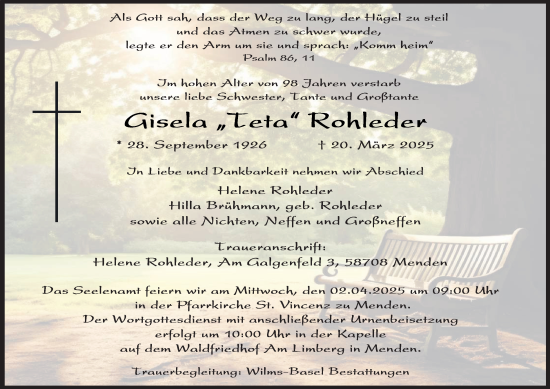 Traueranzeige von Gisela Rohleder von Tageszeitung