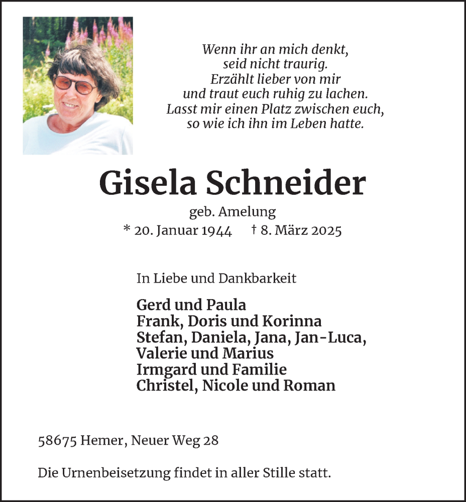  Traueranzeige für Gisela Schneider vom 15.03.2025 aus Tageszeitung