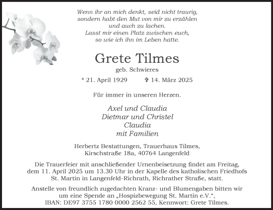 Traueranzeige von Grete Tilmes von Tageszeitung