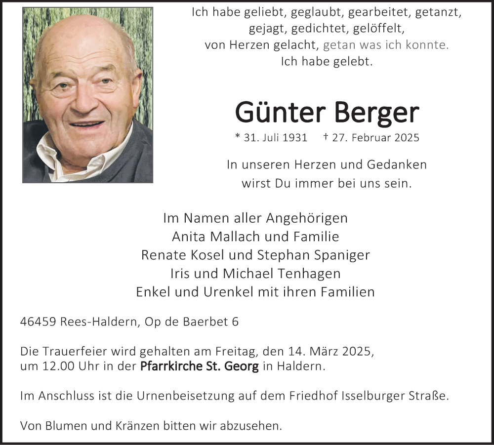  Traueranzeige für Günter Berger vom 08.03.2025 aus Tageszeitung