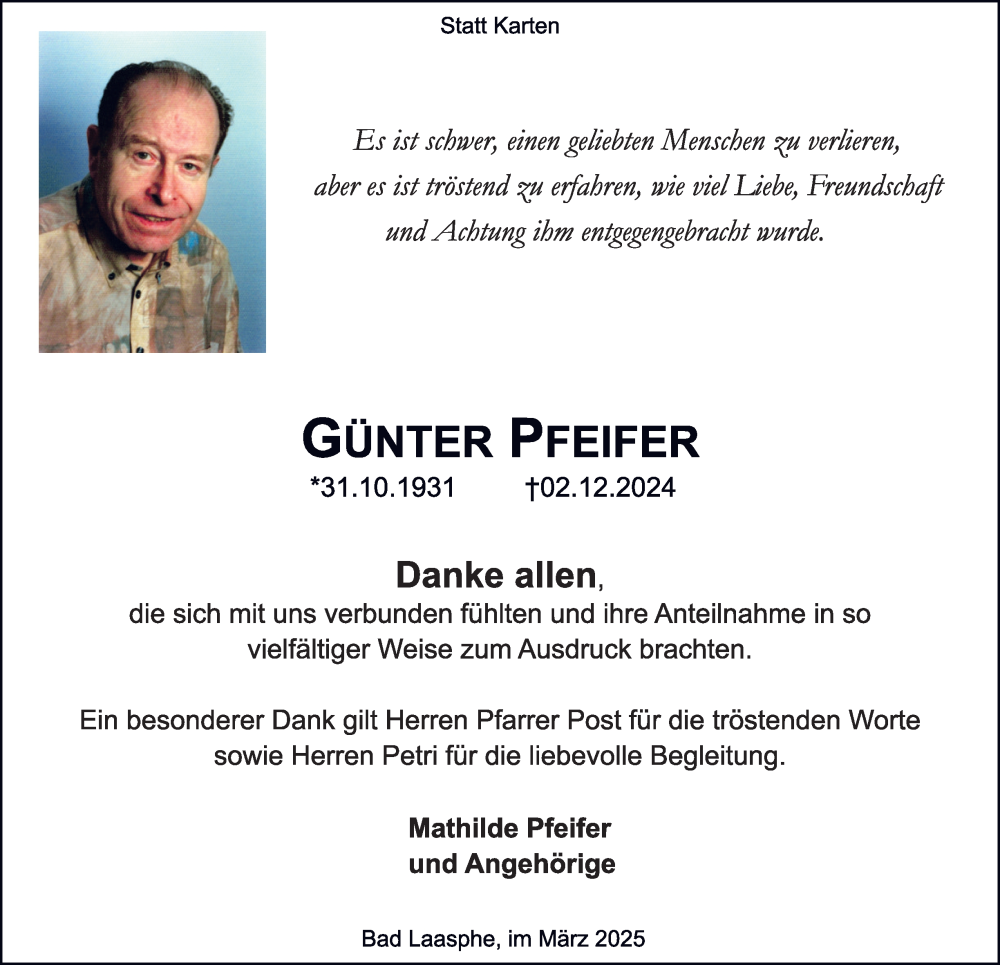  Traueranzeige für Günter Pfeifer vom 22.03.2025 aus Tageszeitung