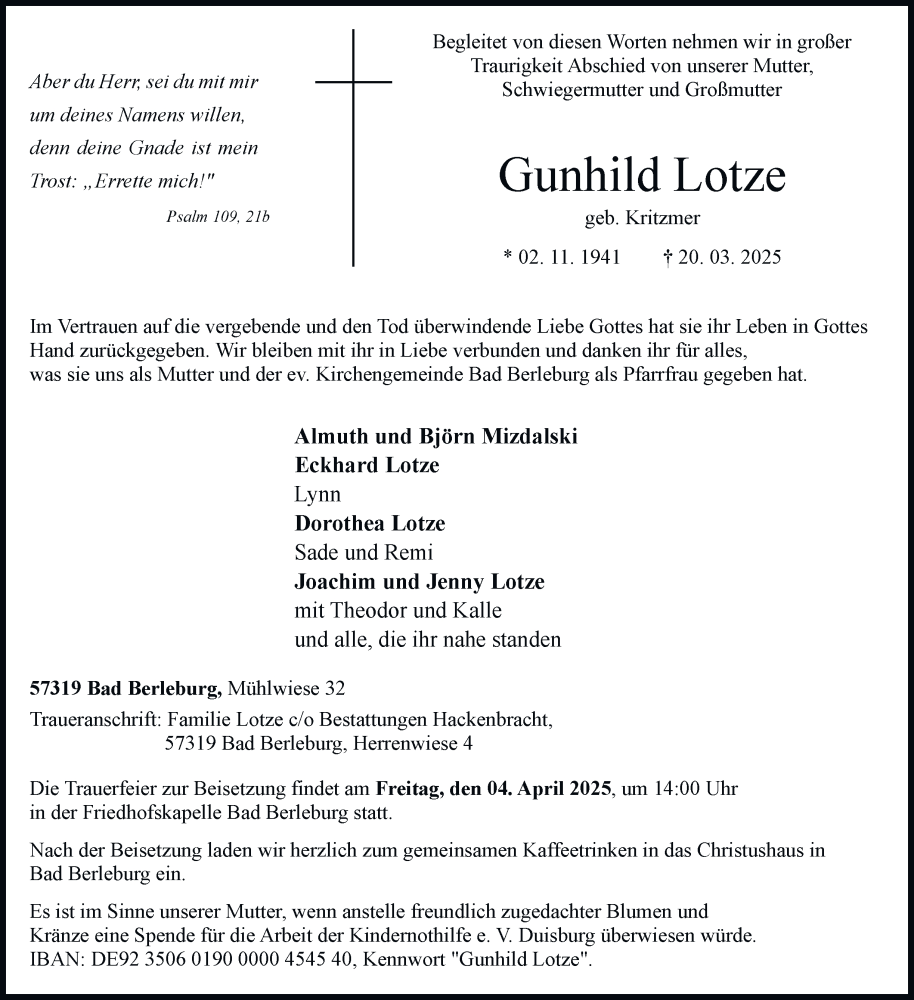  Traueranzeige für Gunhild Lotze vom 29.03.2025 aus Tageszeitung