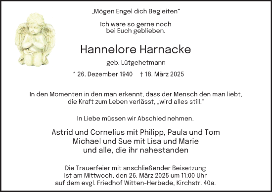 Traueranzeige von Hannelore Harnacke von Tageszeitung