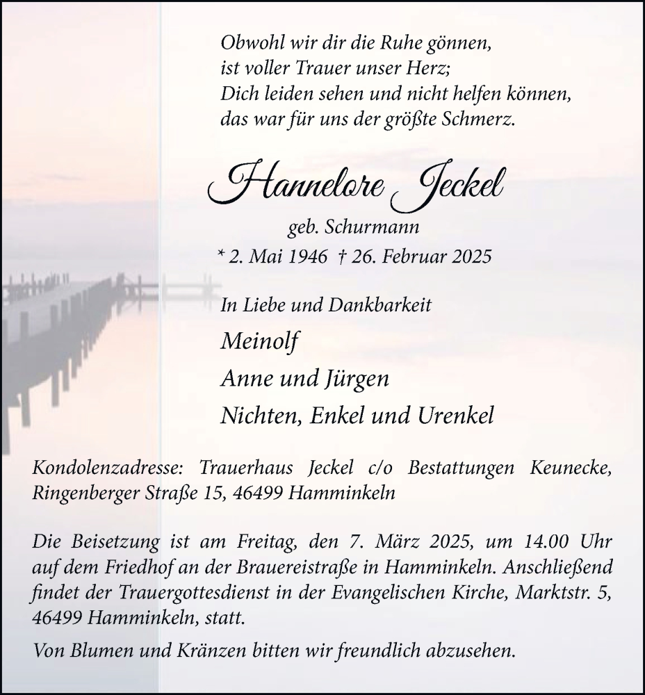  Traueranzeige für Hannelore Jeckel vom 05.03.2025 aus Tageszeitung