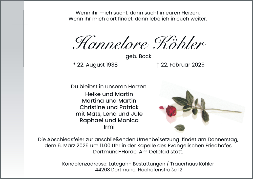 Traueranzeige für Hannelore Köhler vom 01.03.2025 aus Tageszeitung