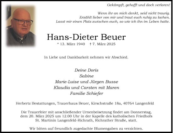 Traueranzeige von Hans-Dieter Beuer von Tageszeitung