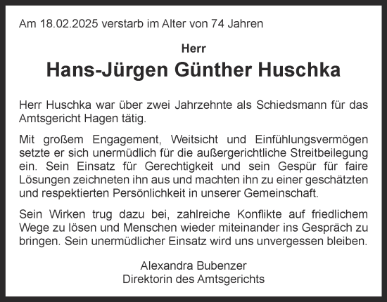 Traueranzeige von Hans-Jürgen Günther Huschka von Tageszeitung