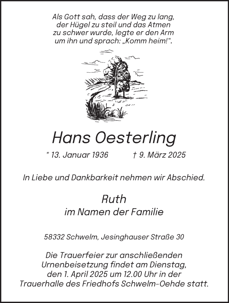  Traueranzeige für Hans Oesterling vom 22.03.2025 aus Tageszeitung