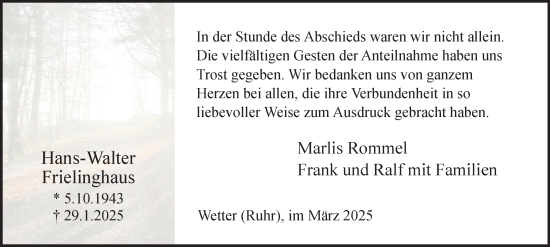 Traueranzeige von Hans-Walter Frielinghaus von Tageszeitung