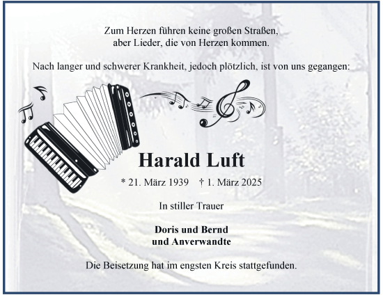 Traueranzeige von Harald Luft von Tageszeitung