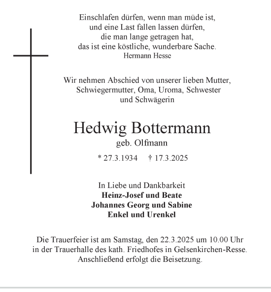 Traueranzeige von Hedwig Bottermann von Tageszeitung