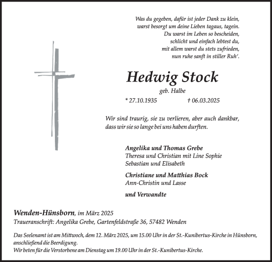 Traueranzeige von Hedwig Stock von Tageszeitung