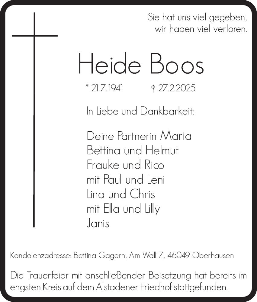  Traueranzeige für Heide Boos vom 08.03.2025 aus Tageszeitung