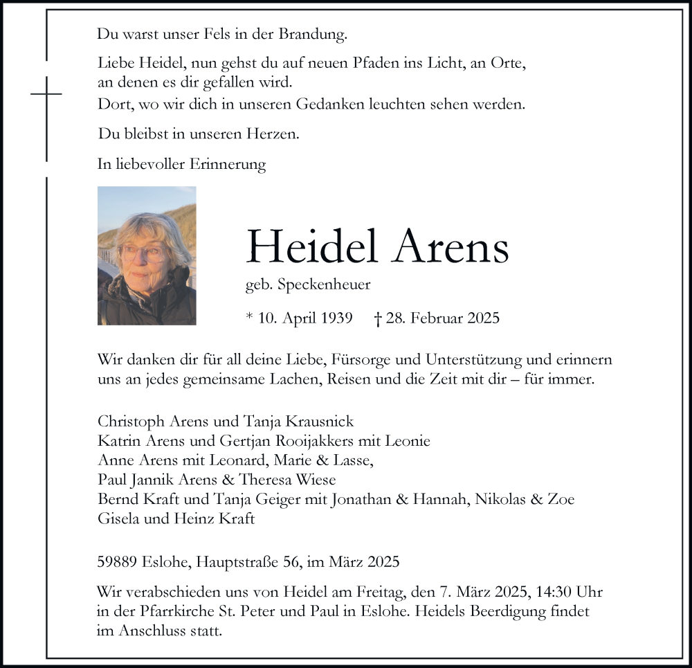  Traueranzeige für Heidel Arens vom 05.03.2025 aus Tageszeitung