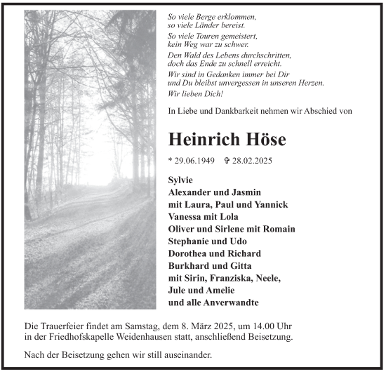 Traueranzeige von Heinrich Höse von Tageszeitung