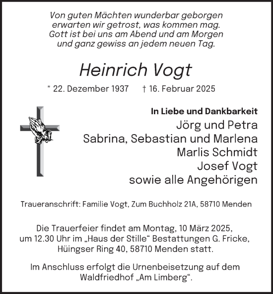 Traueranzeige von Heinrich Vogt von Tageszeitung