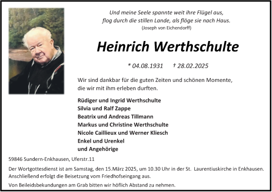 Traueranzeige von Heinrich Werthschulte von Tageszeitung