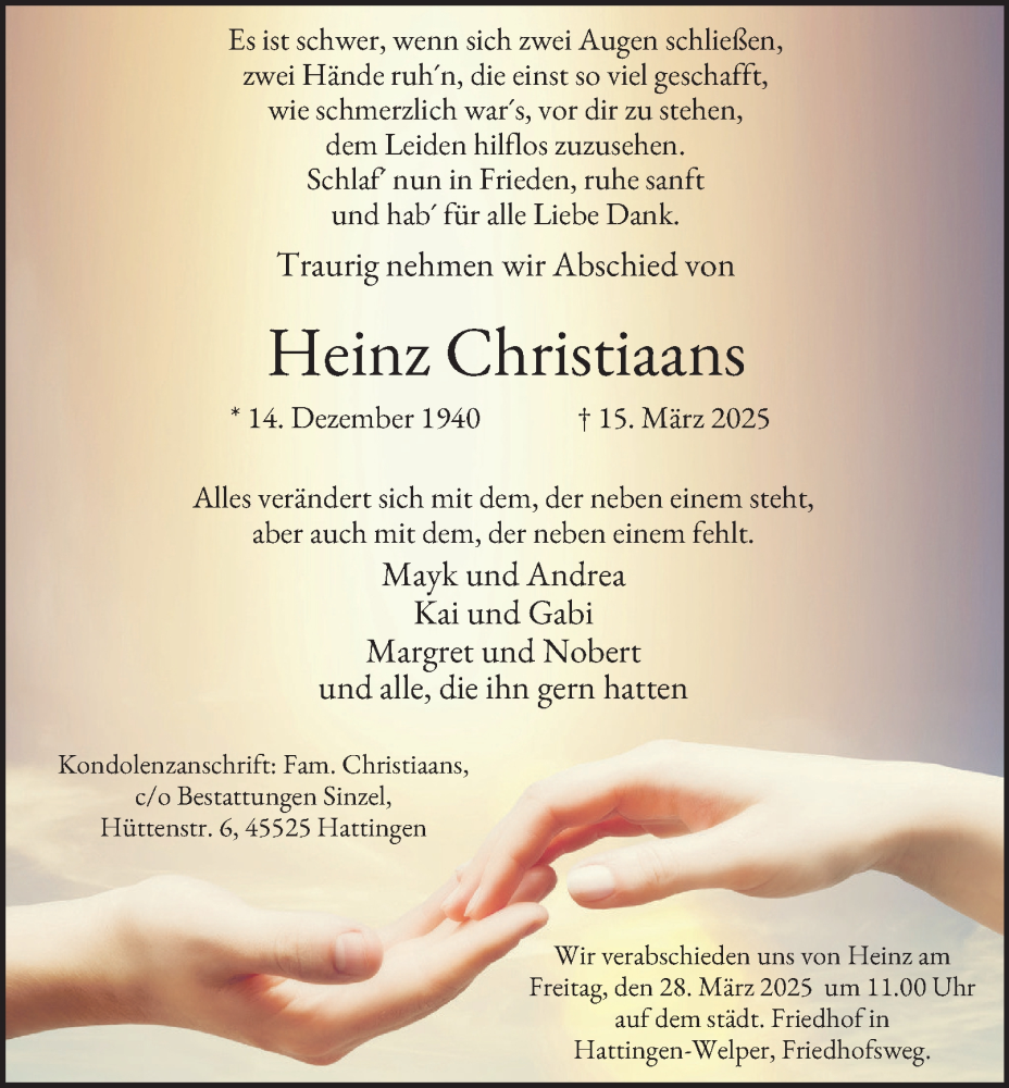  Traueranzeige für Heinz Christiaans vom 22.03.2025 aus Tageszeitung