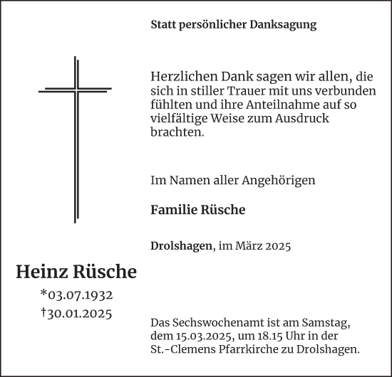 Traueranzeige von Heinz Rüsche von Tageszeitung