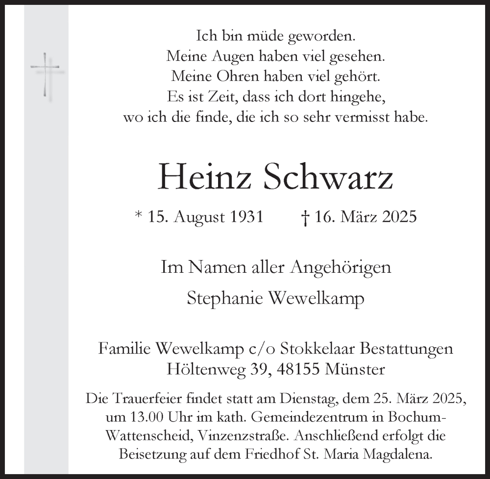  Traueranzeige für Heinz Schwarz vom 22.03.2025 aus Tageszeitung