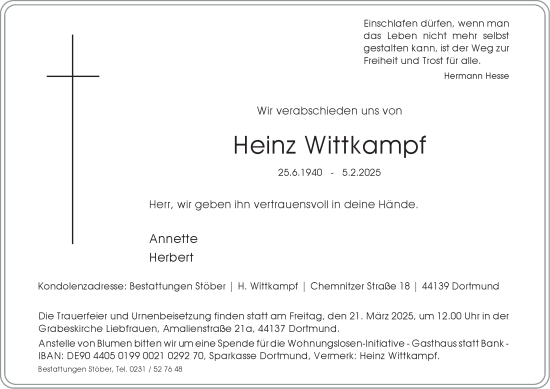 Traueranzeige von Heinz Wittkampf von Tageszeitung