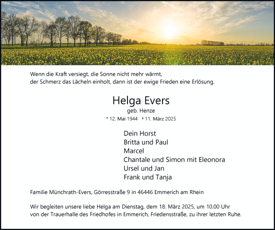 Traueranzeige von Helga Evers von Tageszeitung