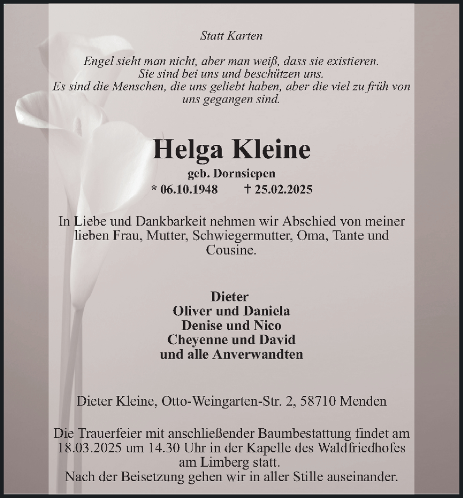 Traueranzeige für Helga Kleine vom 15.03.2025 aus Tageszeitung
