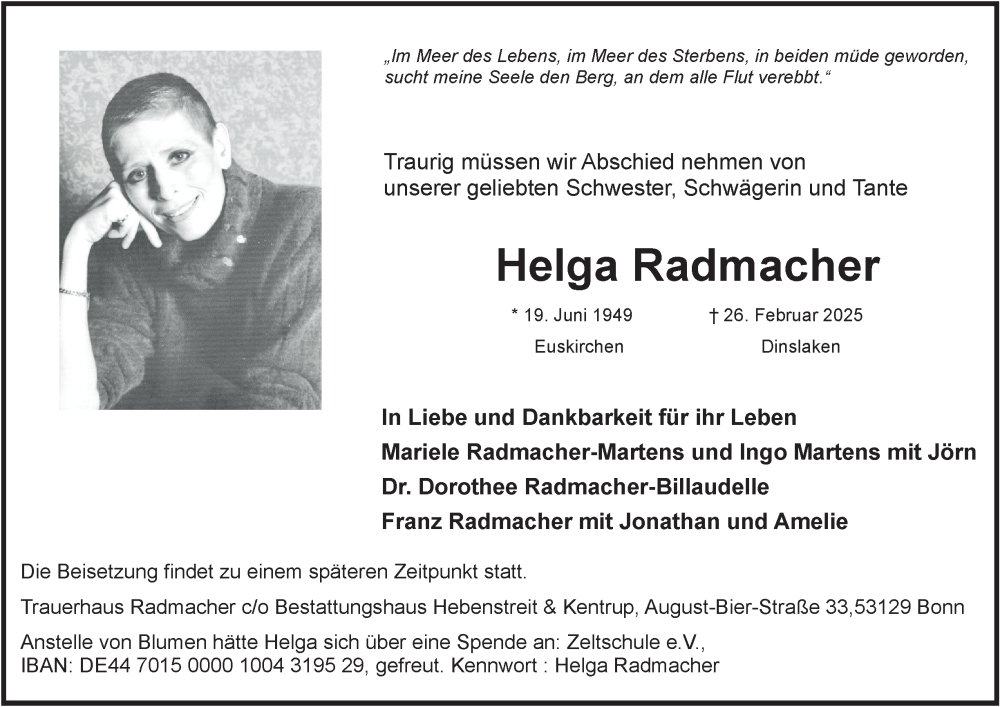  Traueranzeige für Helga Radmacher vom 08.03.2025 aus Tageszeitung