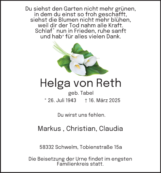 Traueranzeige von Helga von Reth von Tageszeitung