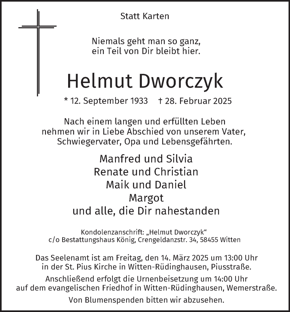  Traueranzeige für Helmut Dworczyk vom 08.03.2025 aus Tageszeitung