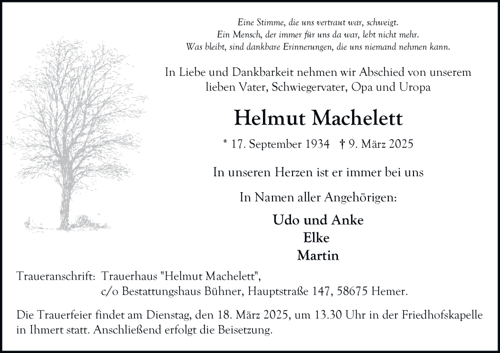  Traueranzeige für Helmut Machelett vom 15.03.2025 aus Tageszeitung