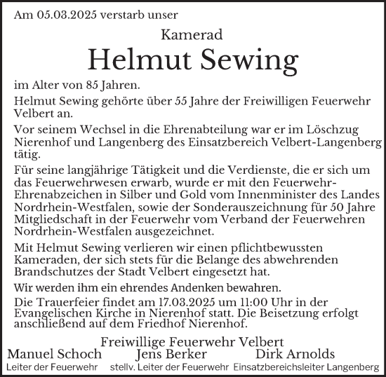 Traueranzeige von Helmut Sewing von Tageszeitung
