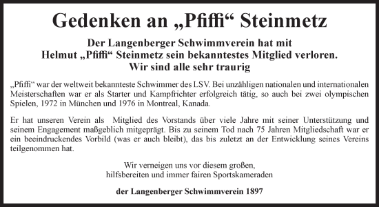 Traueranzeige von Helmut Steinmetz von Tageszeitung