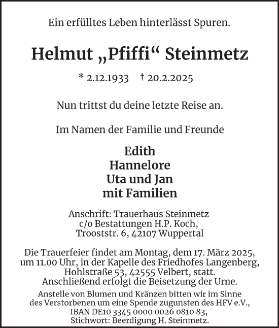 Traueranzeige von Helmut Steinmetz von Tageszeitung