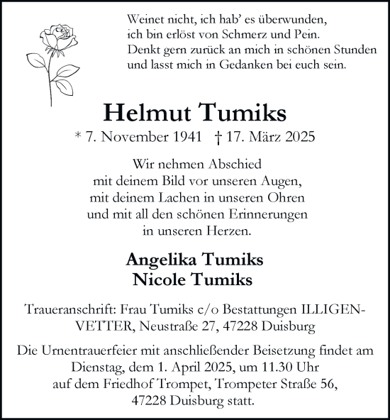 Traueranzeige von Helmut Tumiks von Tageszeitung