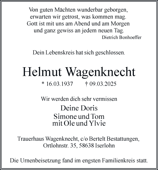 Traueranzeige von Helmut Wagenknecht von Tageszeitung