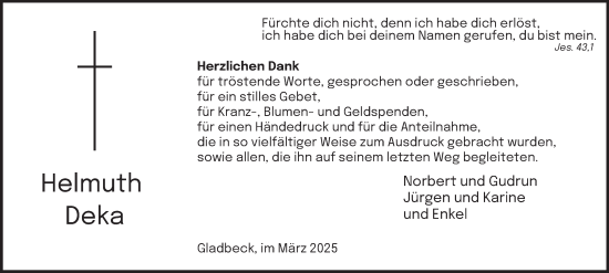 Traueranzeige von Helmuth Deka von Tageszeitung