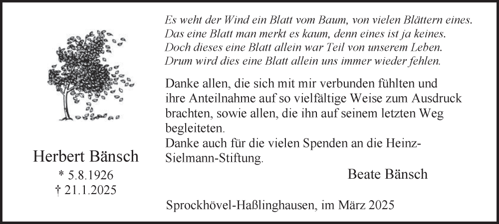  Traueranzeige für Herbert Bänsch vom 22.03.2025 aus Tageszeitung