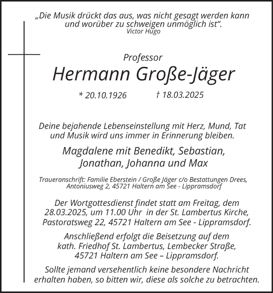 Traueranzeige von Hermann Große-Jäger von Tageszeitung