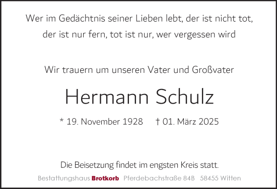 Traueranzeige von Hermann Schulz von Tageszeitung