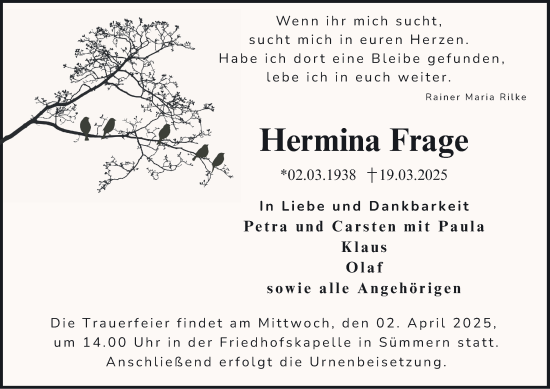 Traueranzeige von Hermina Frage von Tageszeitung